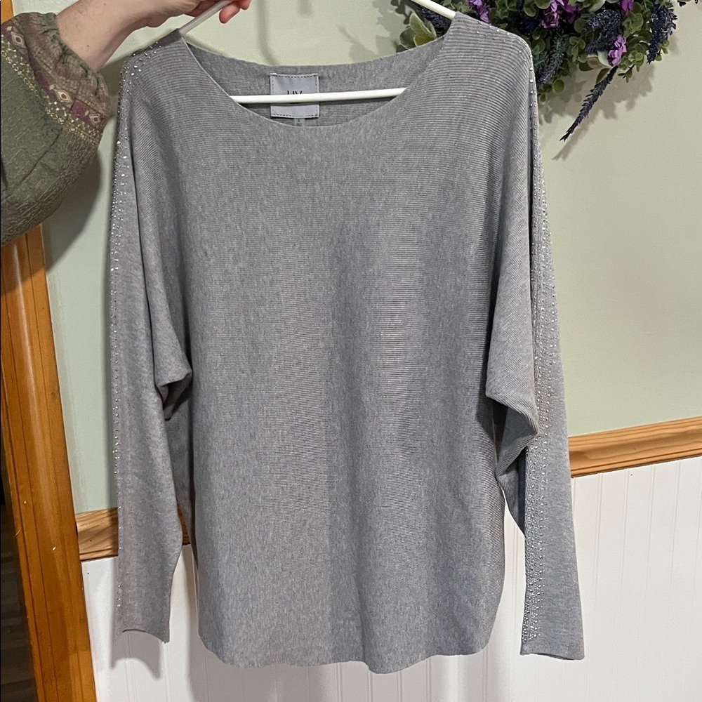 Light Gray Womens Knit Sweater with Subtle Sleeve Accent
